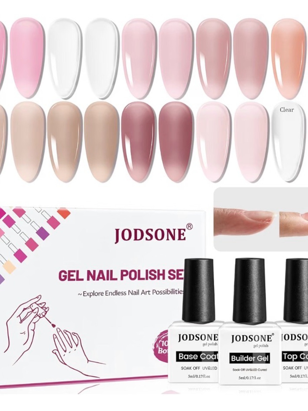 JODSONE 10 Colors Builder Nail Gel Polish Set with Base Coat and Top Coat No Wip